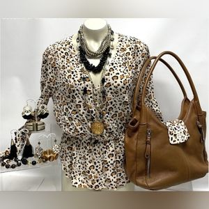 Velvet Heart Leopard Print Blouse Sz XS & Tignanello Leather Purse w Jewelry